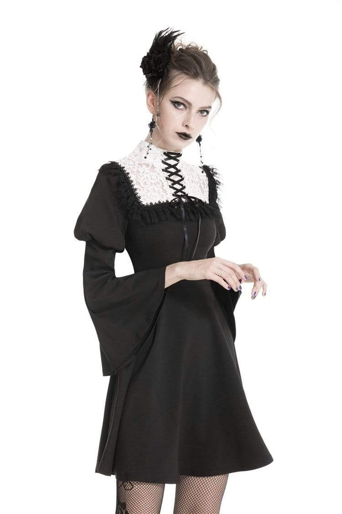 Darkinlove Women's Gothic Puff Shoulder Outfits Chiffon Dresses With White Lace-Up Chest