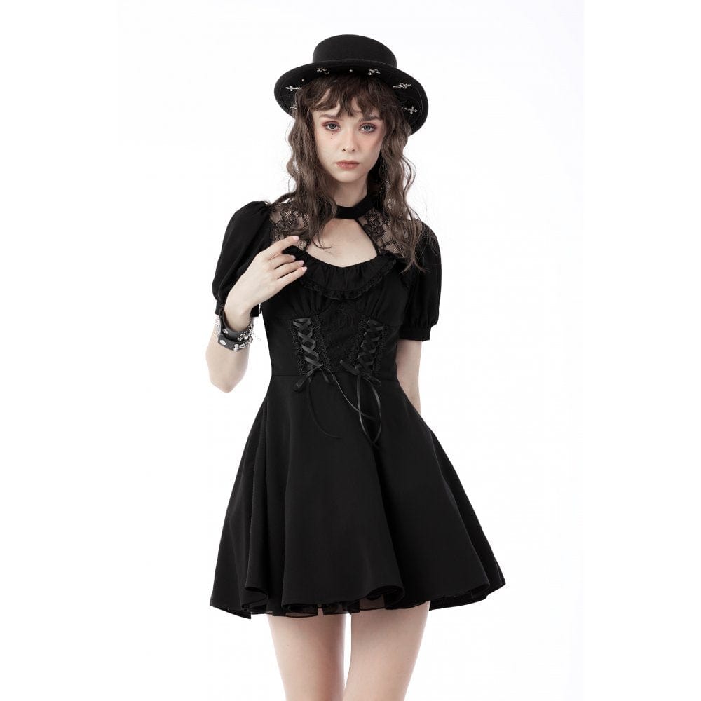 Darkinlove Women's Gothic Puff Sleeved Cutout Lace Black Little Dress