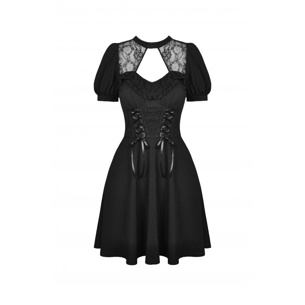 Darkinlove Women's Gothic Puff Sleeved Cutout Lace Black Little Dress