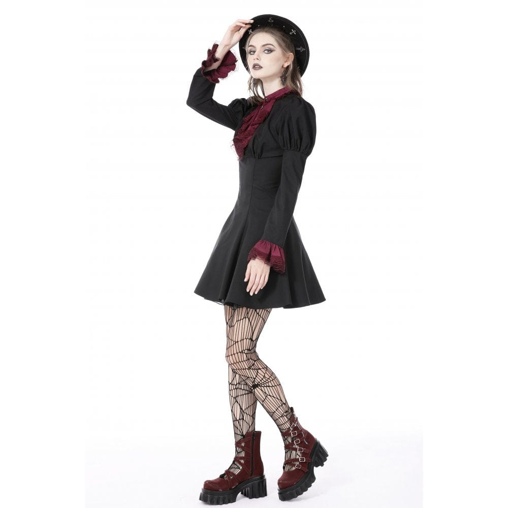 Darkinlove Women's Gothic Puff Sleeved Frilly Necktie Dress