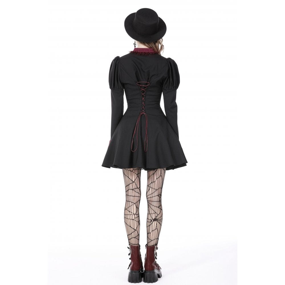 Darkinlove Women's Gothic Puff Sleeved Frilly Necktie Dress