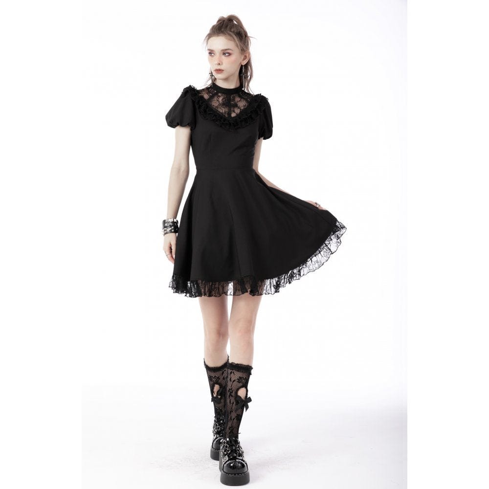 Darkinlove Women's Gothic Puff Sleeved Lace Black Little Dress