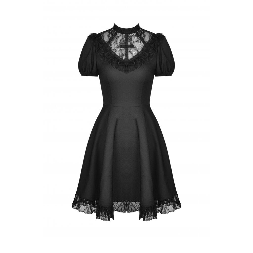 Darkinlove Women's Gothic Puff Sleeved Lace Black Little Dress