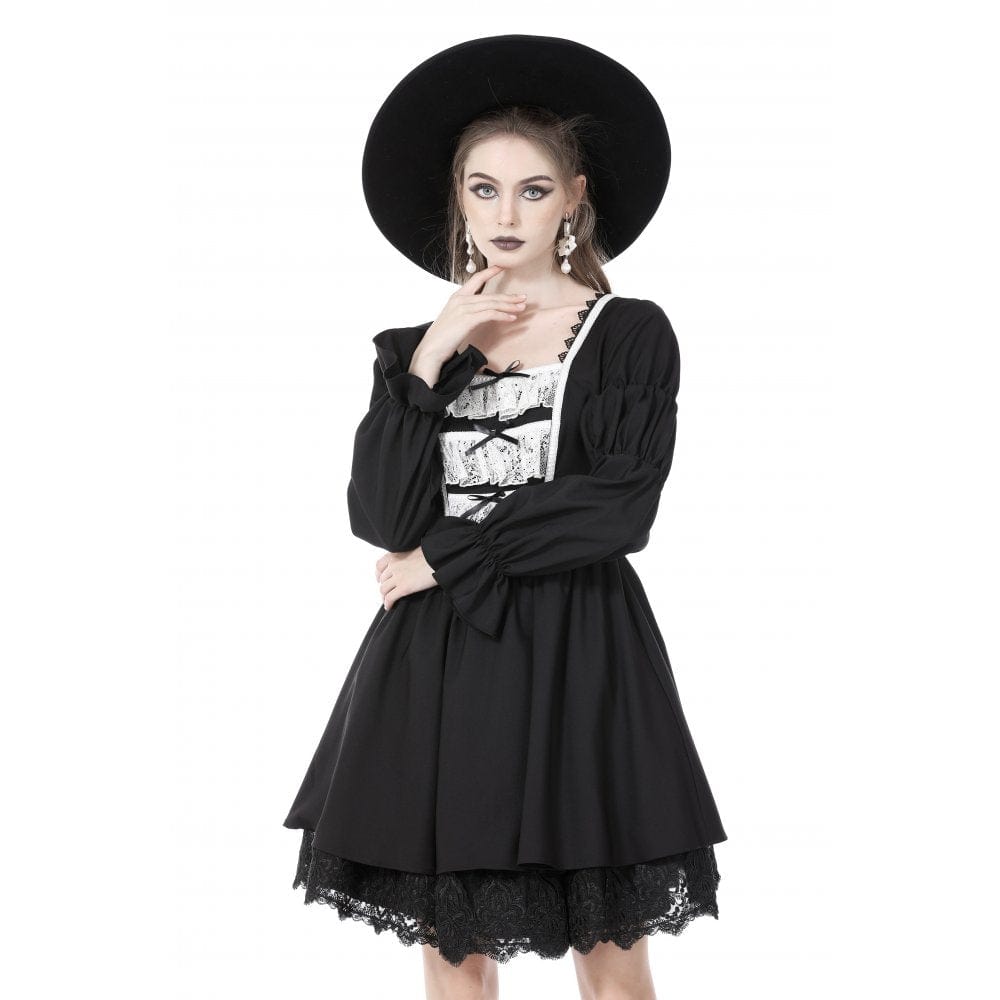 Darkinlove Women's Gothic Puff Sleeved Lace Splice Dress