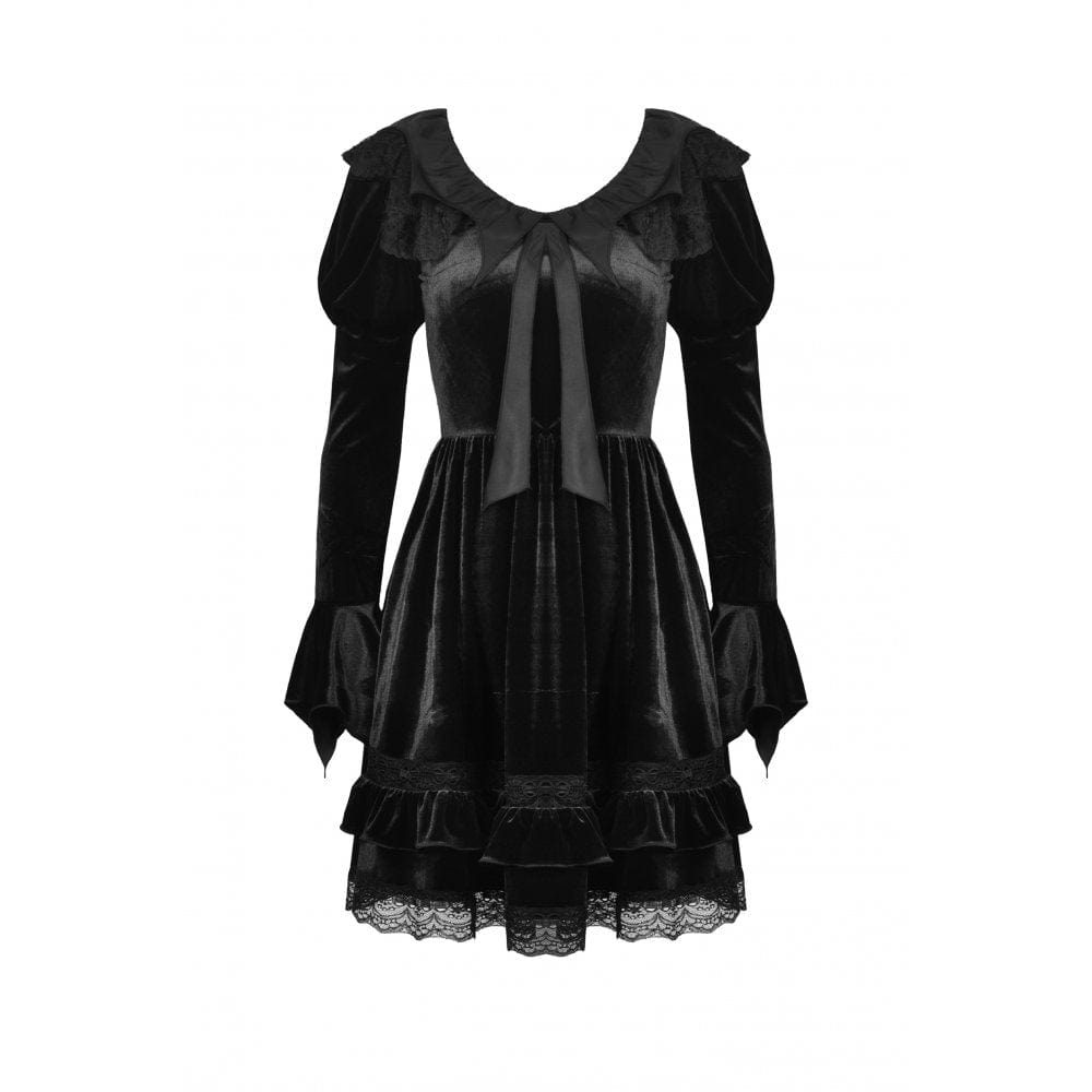 Darkinlove Women's Gothic Puff Sleeved Lace Splice Velvet Dress