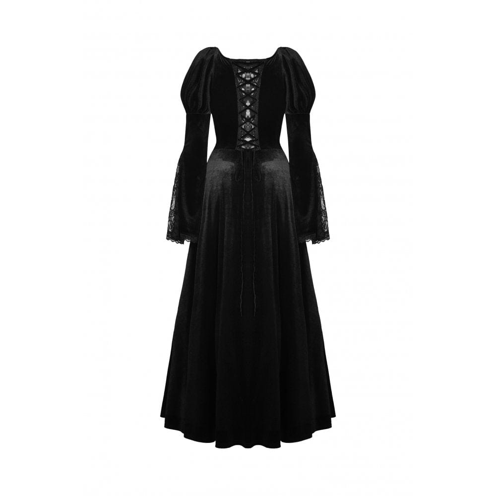 Darkinlove Women's Gothic Puff Sleeved Lace Splice Velvet Dress