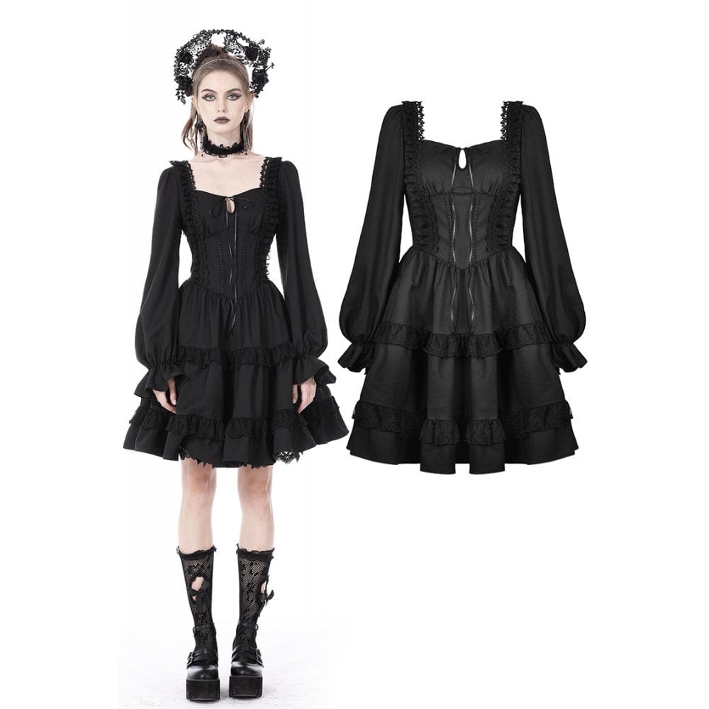 Darkinlove Women's Gothic Puff Sleeved Ruffled Dress