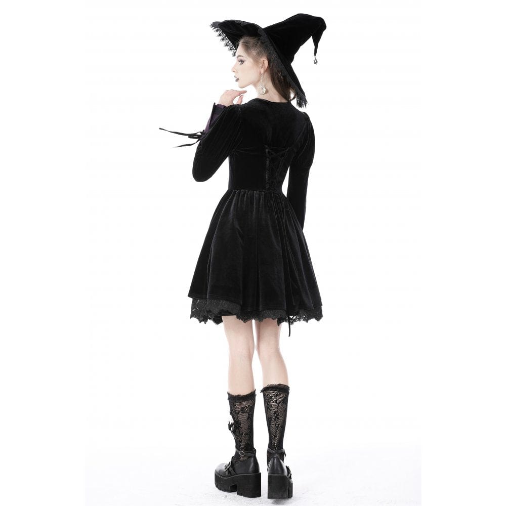 Darkinlove Women's Gothic Puff Sleeved Ruffled Velvet Dress
