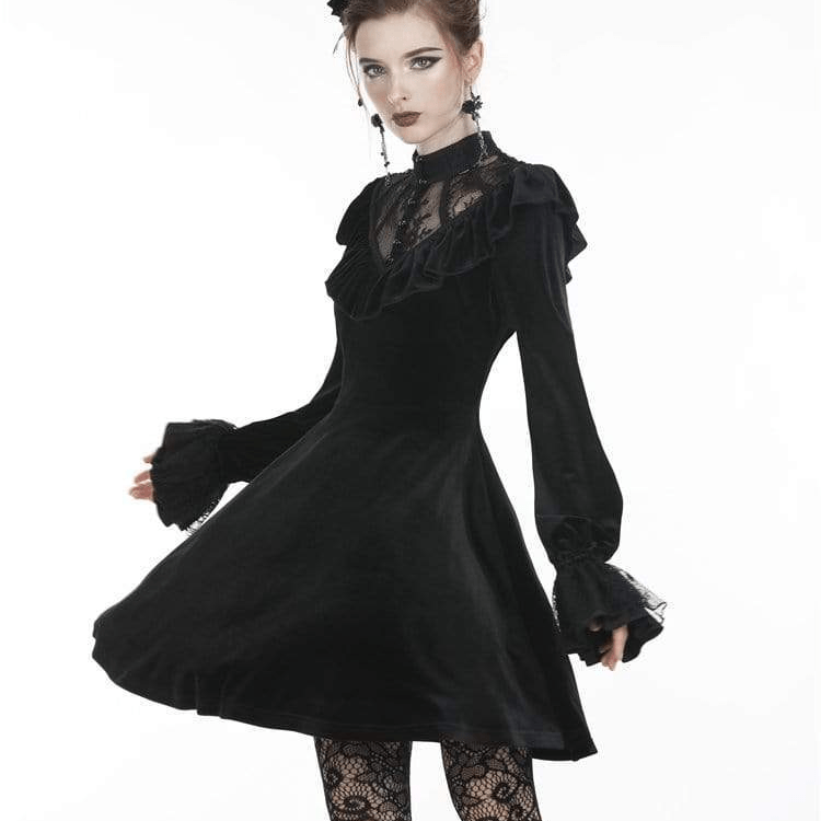 Darkinlove Women's Gothic Ruched Lace V-neck Velvet Dresses