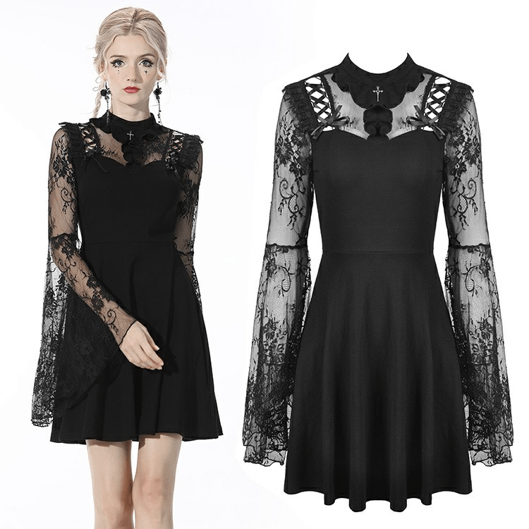 Darkinlove Women's Gothic Sheer Sleeved Cutout Black Dress Wedding Dress