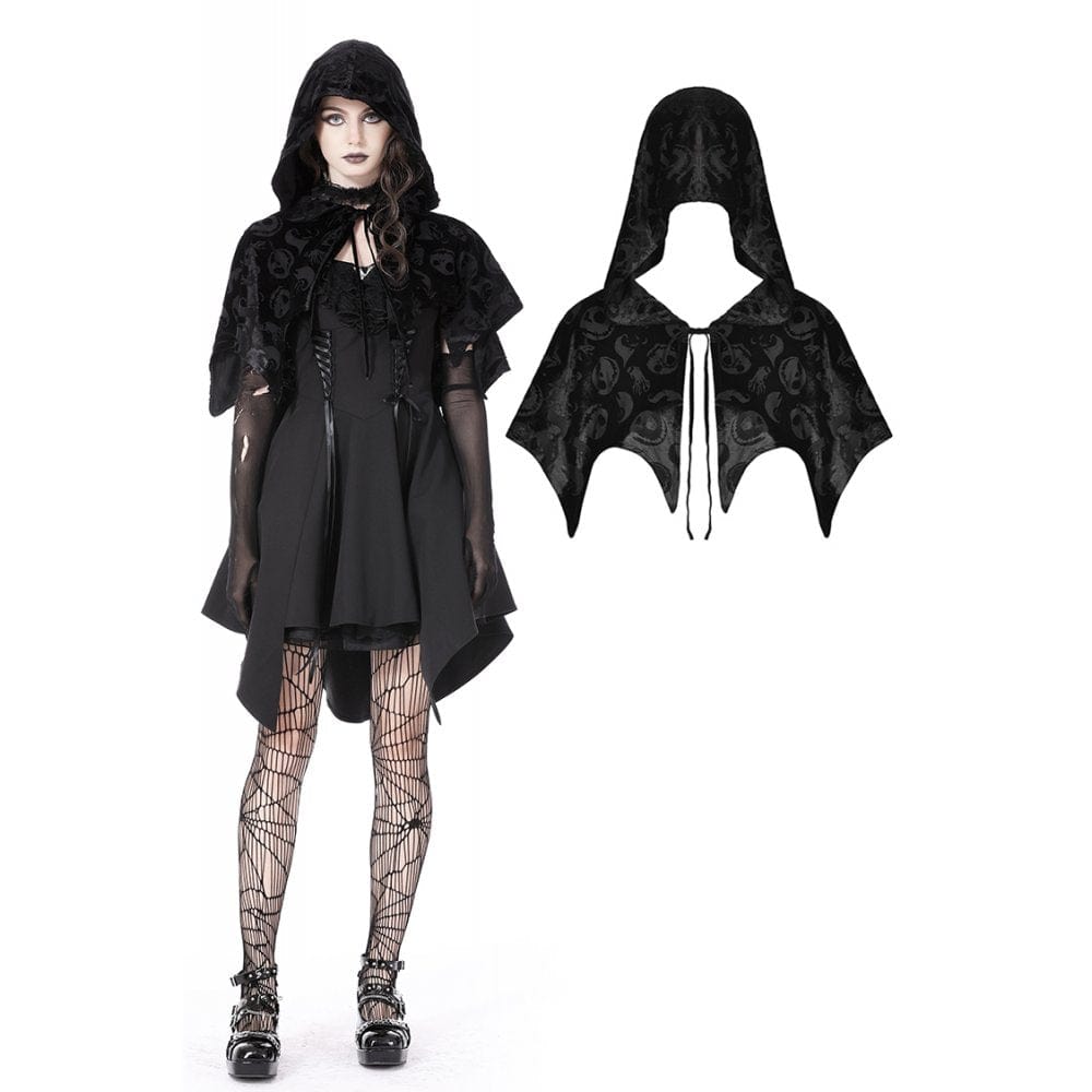 Darkinlove Damen-Umhang aus Samt mit Gothic-Totenkopf-Print und Kapuze