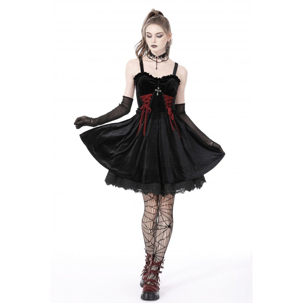 Darkinlove Women's Gothic Strappy Cross Velvet Slip Dress