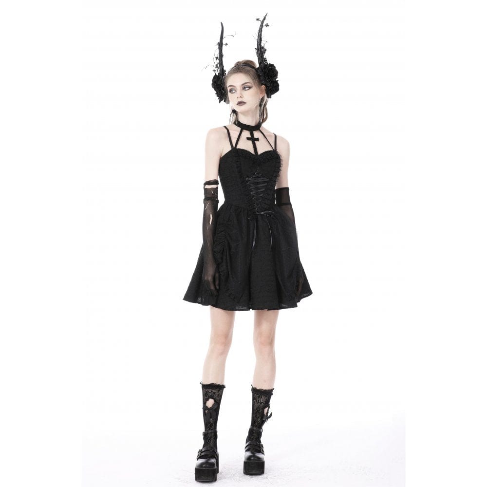 Darkinlove Women's Gothic Strappy Ruched Halterneck Dress