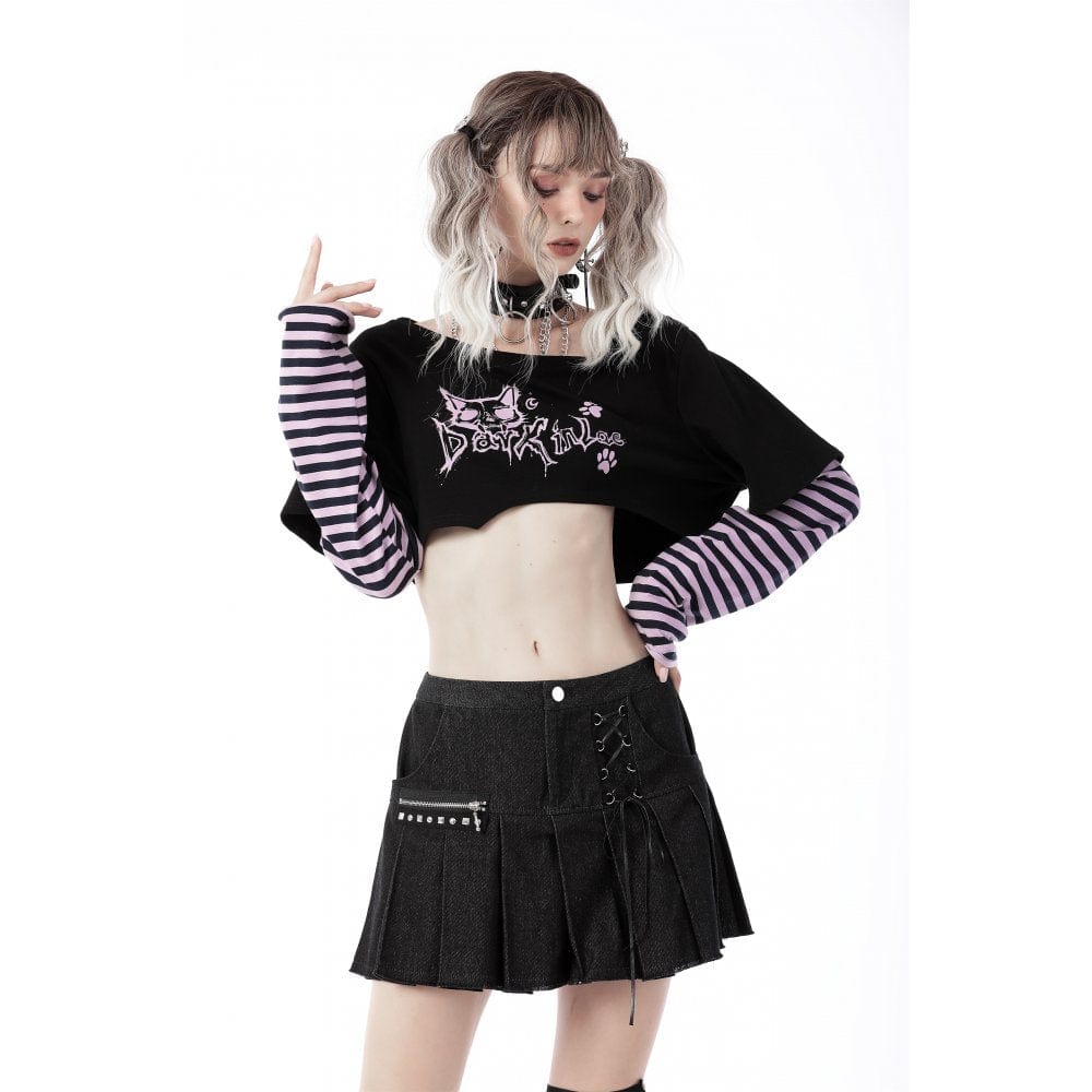 Darkinlove Women's Grunge Cat Printed Striped Sleeve Crop Top
