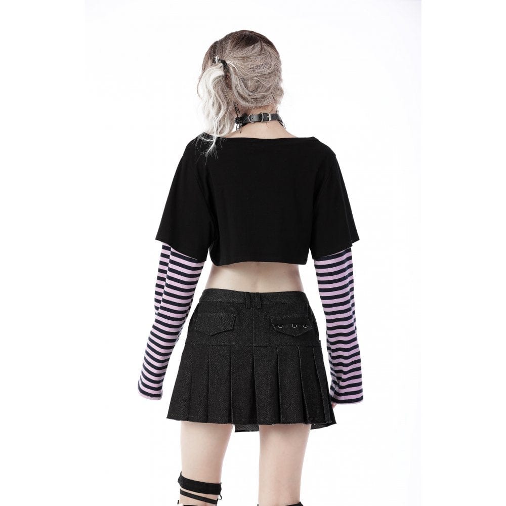 Darkinlove Women's Grunge Cat Printed Striped Sleeve Crop Top