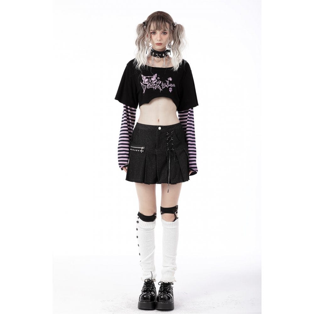 Darkinlove Women's Grunge Cat Printed Striped Sleeve Crop Top