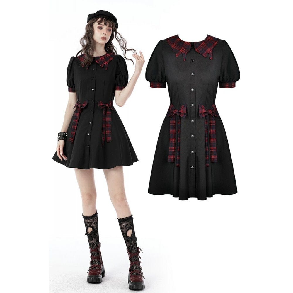 Darkinlove Women's Grunge Front Button Bowknot Shirt Dress