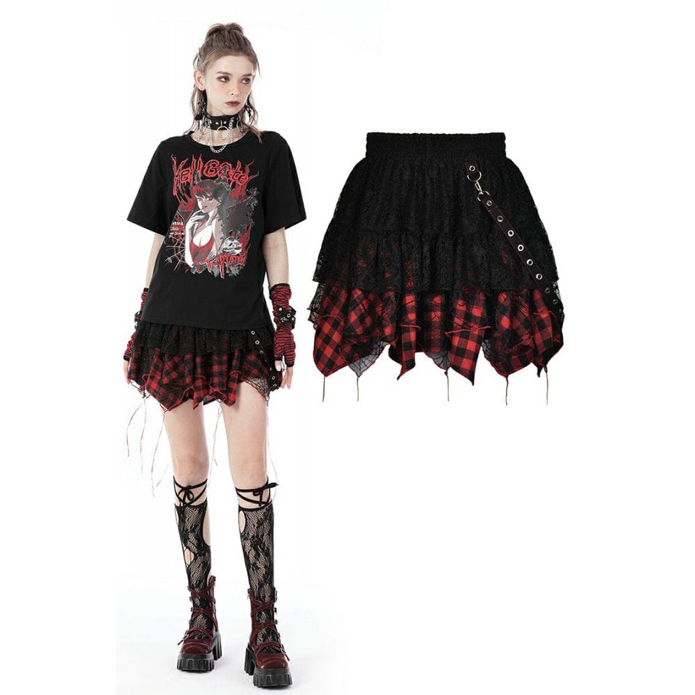 Darkinlove Women's Grunge Lace Red Plaid Ripped Short Skirt