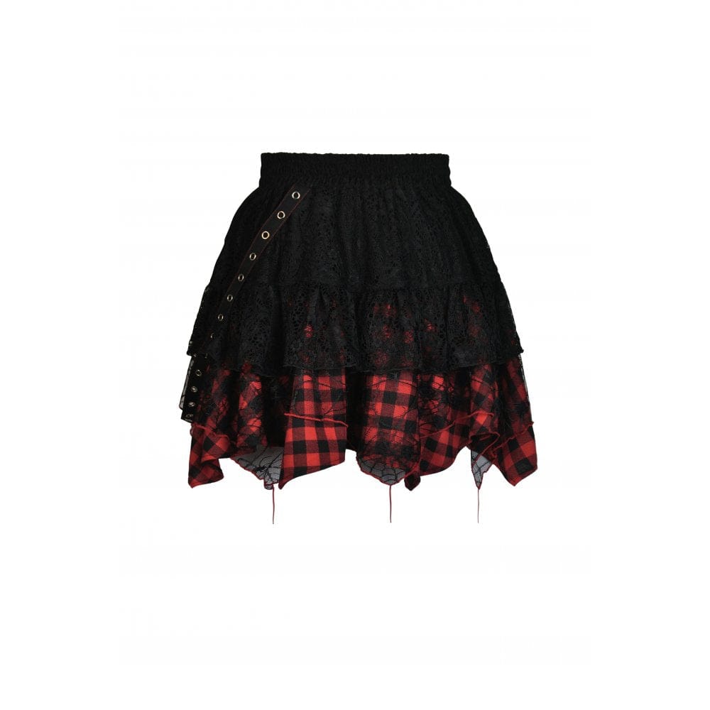 Darkinlove Women's Grunge Lace Red Plaid Ripped Short Skirt