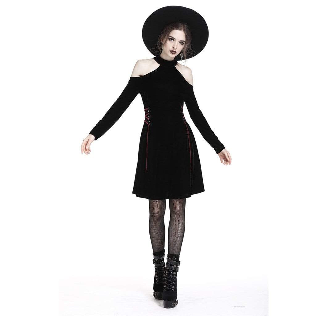 Darkinlove Women's Halter Neck Cold Shoulder Full Sleeve Goth Dress
