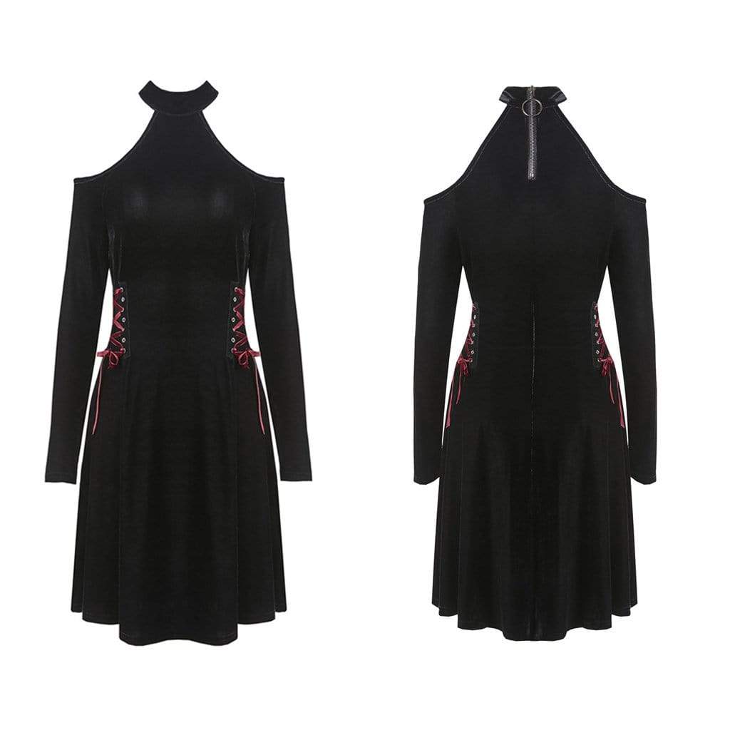 Darkinlove Women's Halter Neck Cold Shoulder Full Sleeve Goth Dress