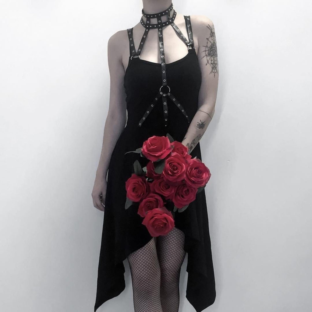 Darkinlove Women's Halterneck Irregular Goth Slip Dress With Faux Leather Straps