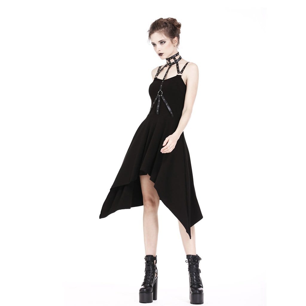 Darkinlove Women's Halterneck Irregular Goth Slip Dress With Faux Leather Straps