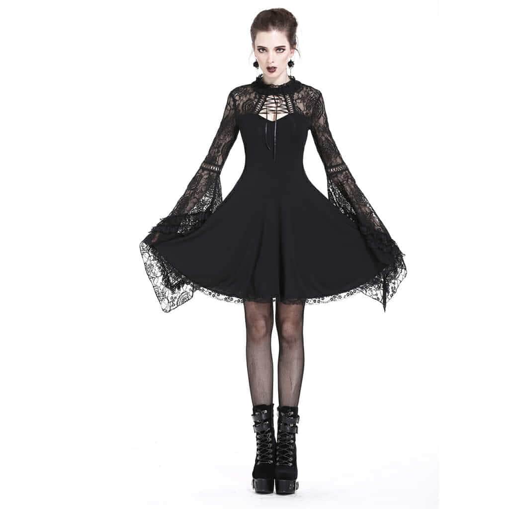 Darkinlove Women's Lace Sleeved Short Black Dress