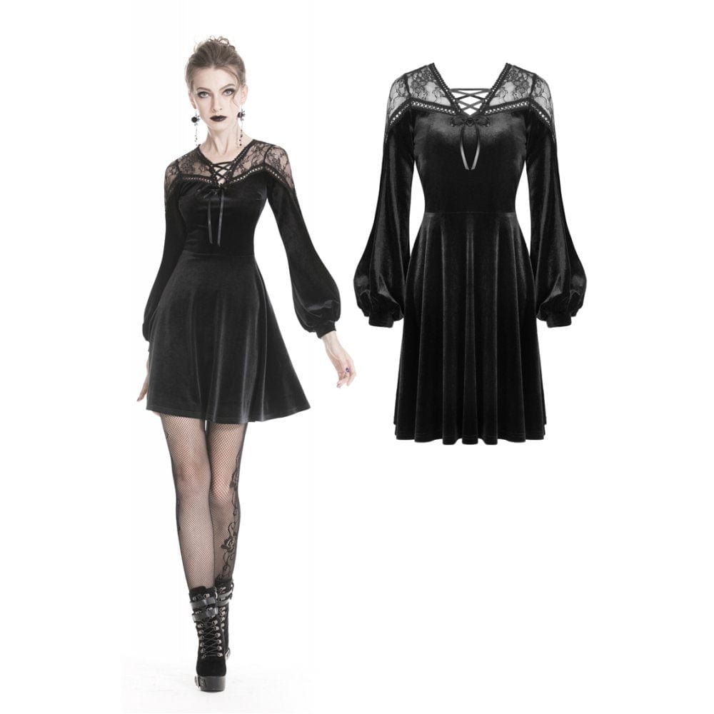Darkinlove Women's Lace-up Puff Sleeved Daily Dresses With Lacey Shoulders