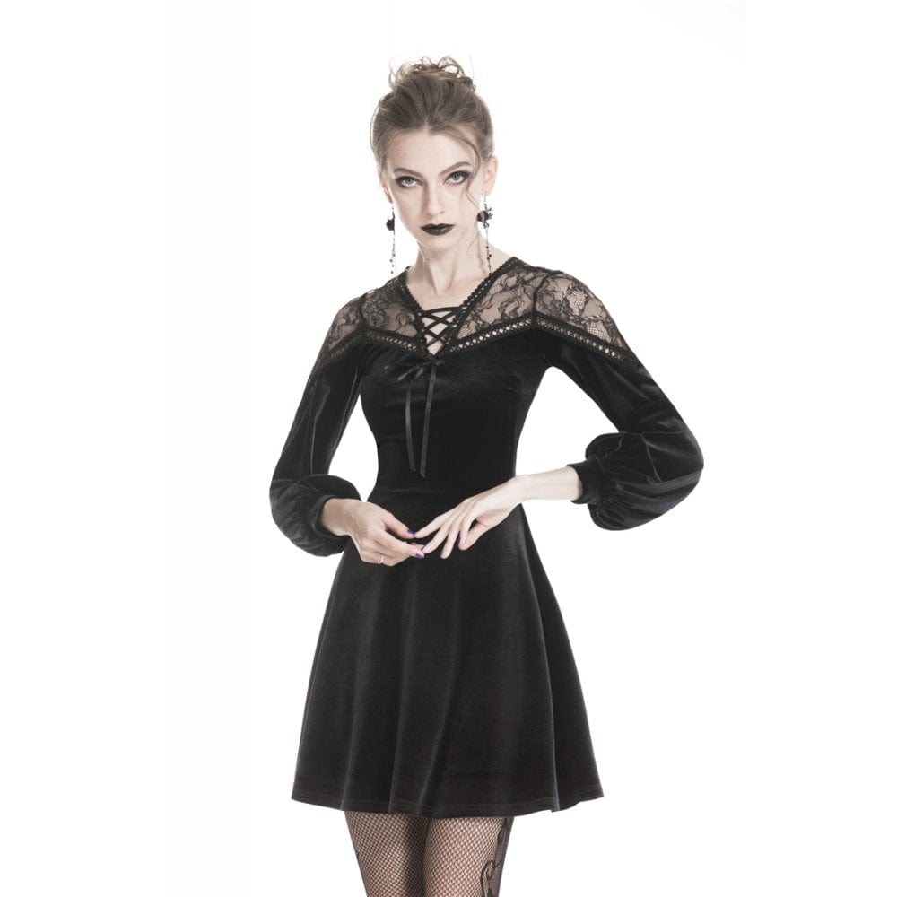 Darkinlove Women's Lace-up Puff Sleeved Daily Dresses With Lacey Shoulders