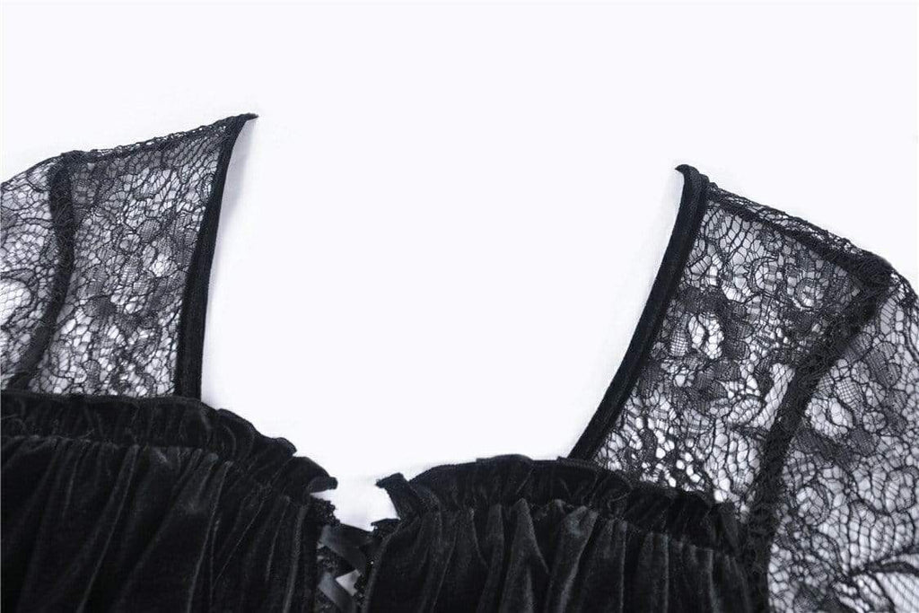 Darkinlove Women's Lolita Black Prom Velvet Dresses With Floral Lace Sleeves