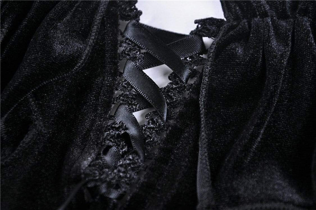 Darkinlove Women's Lolita Black Prom Velvet Dresses With Floral Lace Sleeves