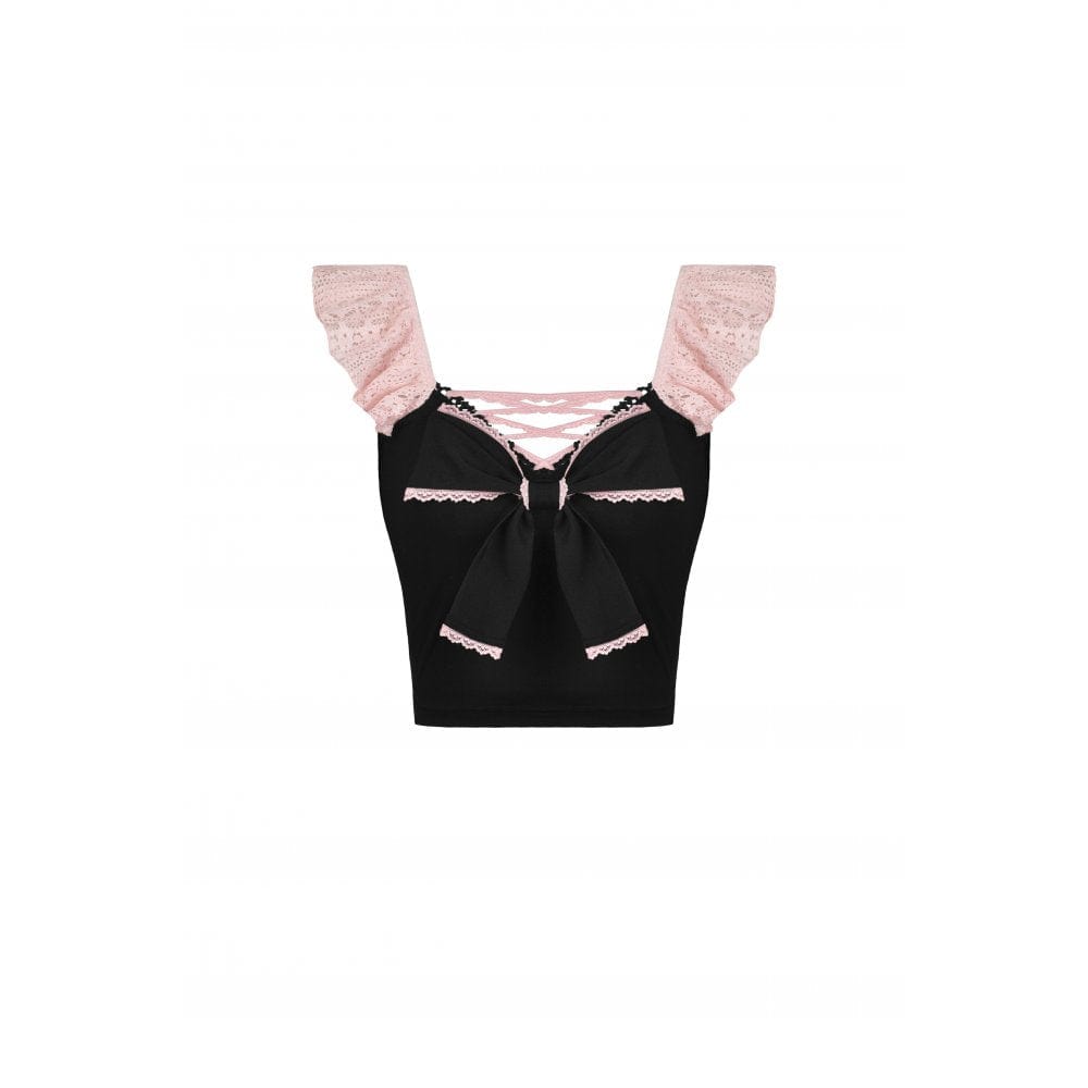 Darkinlove Women's Lolita Bowknot Lace Short Sleeved Crop Top