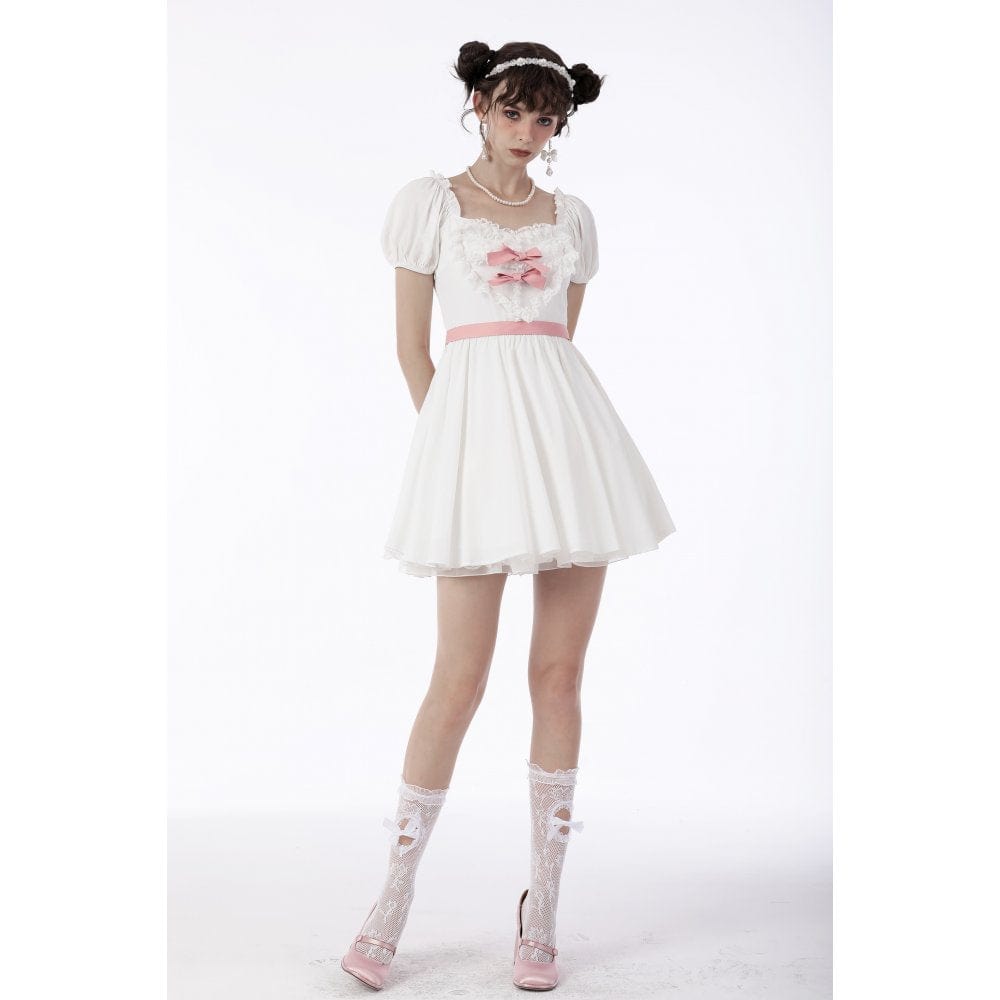 Darkinlove Women's Lolita Bowknot Puff Sleeved Princess Dress Wedding Dress