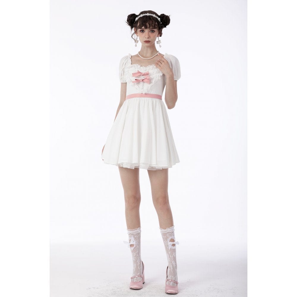 Darkinlove Women's Lolita Bowknot Puff Sleeved Princess Dress Wedding Dress