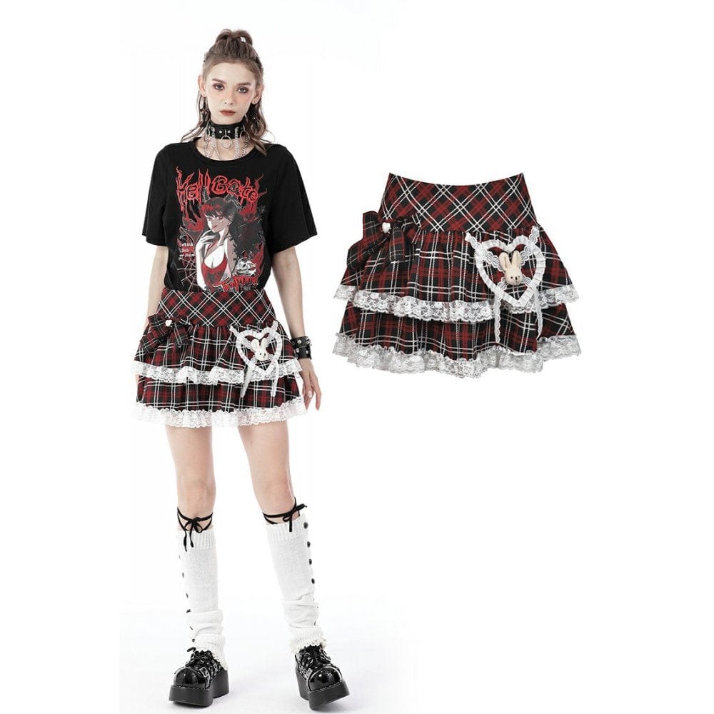 Darkinlove Women's Lolita Cute Rabbit Red Plaid Short Skirt