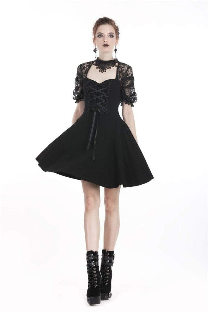 Darkinlove Women's Lolita Floral Lace Halterneck Velvet Black Little Dress