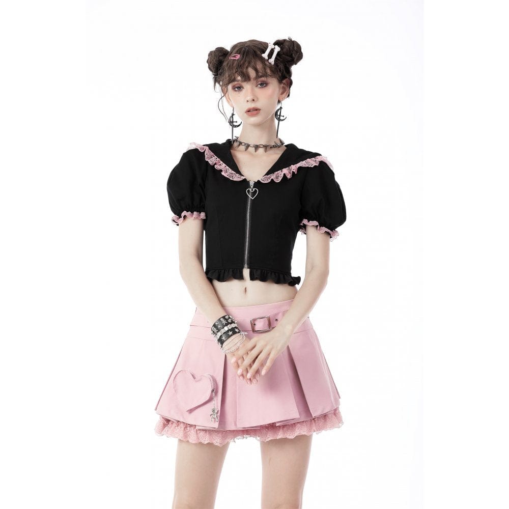 Darkinlove Women's Lolita Front Zip Short Sleeved Crop Top with Cat Hood
