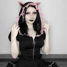 Darkinlove Women's Lolita Front Zip Short Sleeved Crop Top with Cat Hood