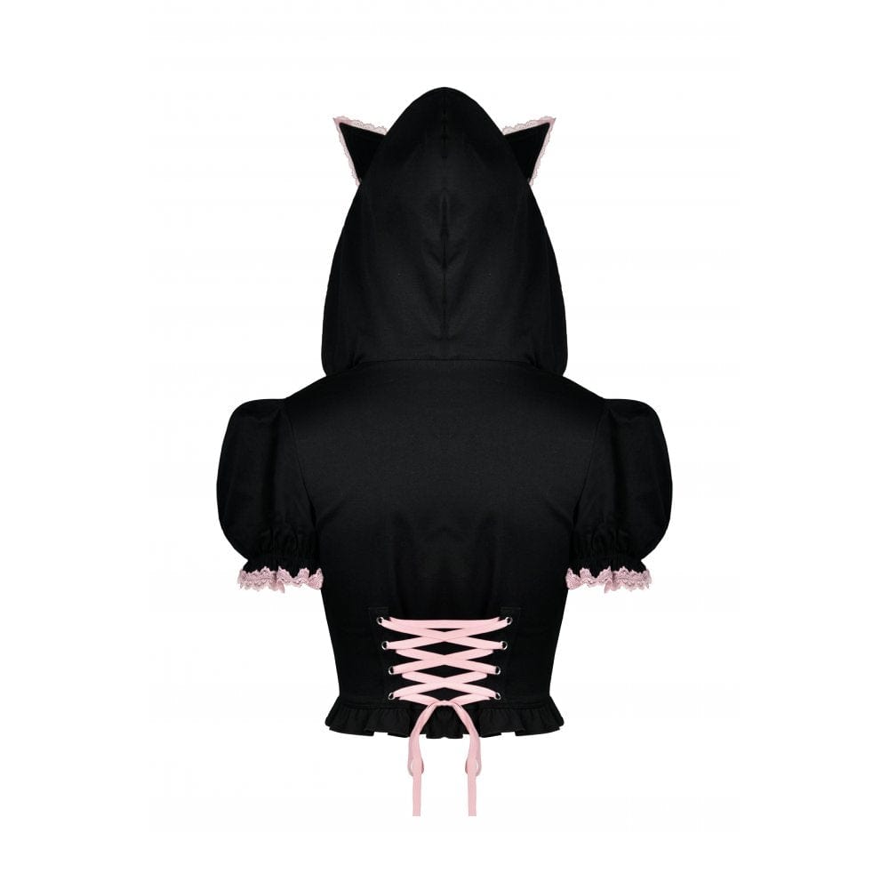 Darkinlove Women's Lolita Front Zip Short Sleeved Crop Top with Cat Hood