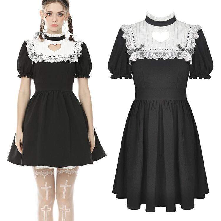 Women's Lolita Love Heart Cutout Black Maid Dresses