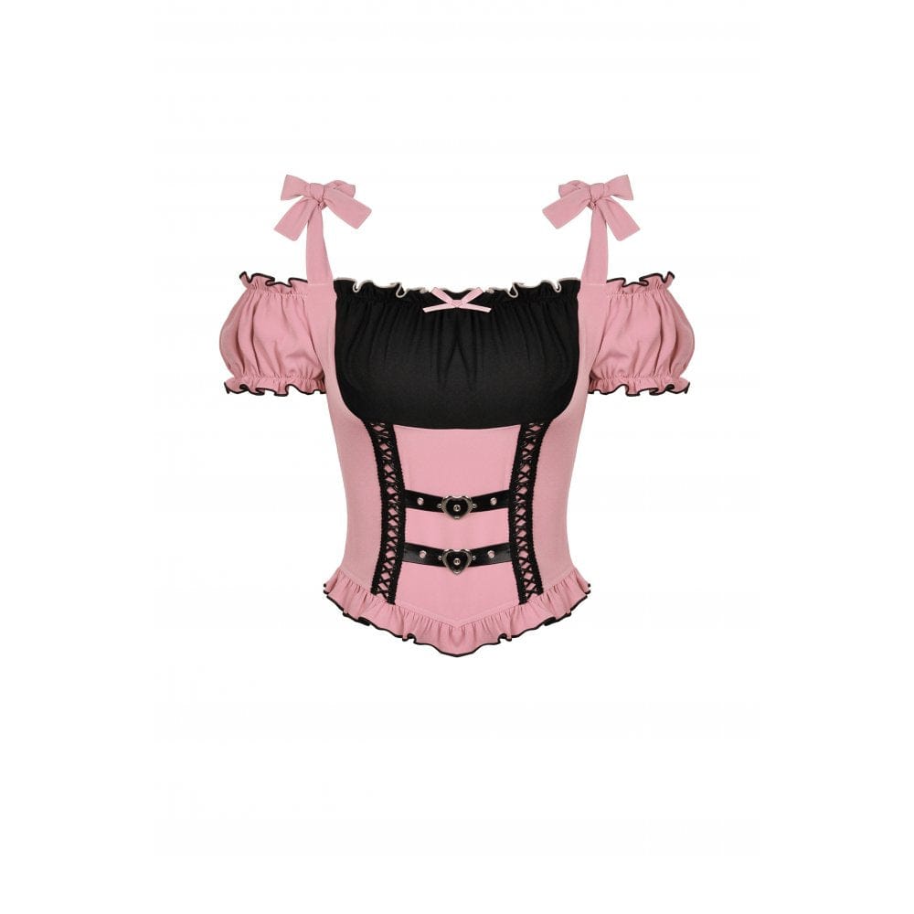 Darkinlove Women's Lolita Off Shoulder Bowknot Short Sleeved Crop Top