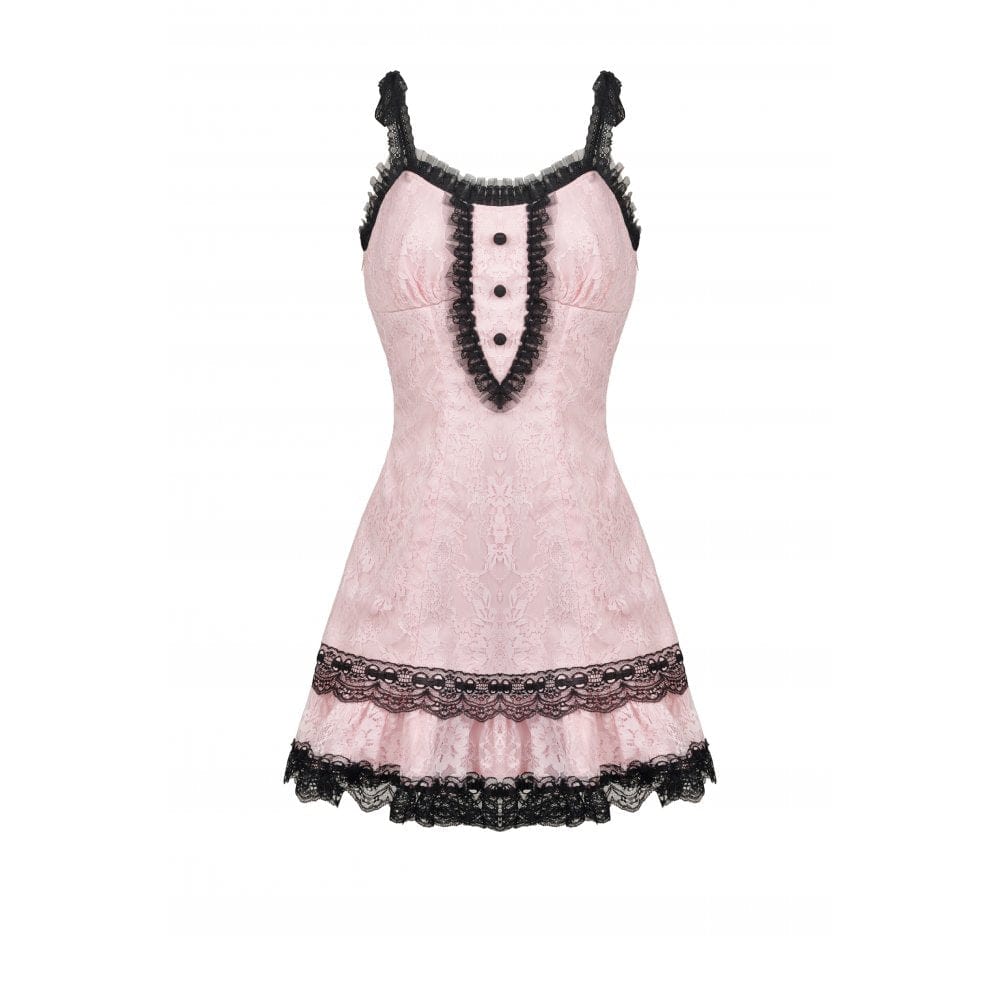 Darkinlove Women's Lolita Ruffles Pink Lace Slip Dress