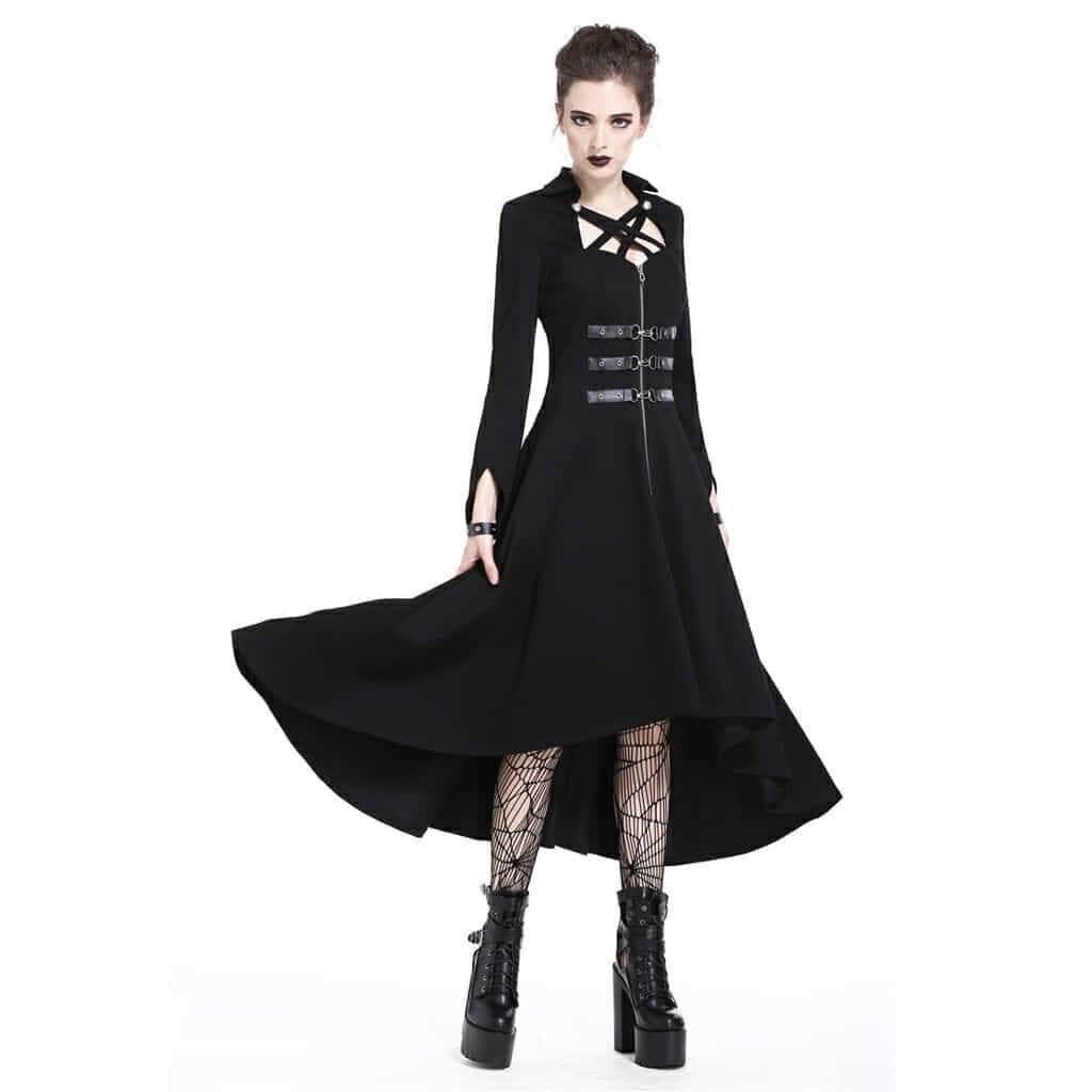 Darkinlove Women's Long Leather Trimmed Black Dress