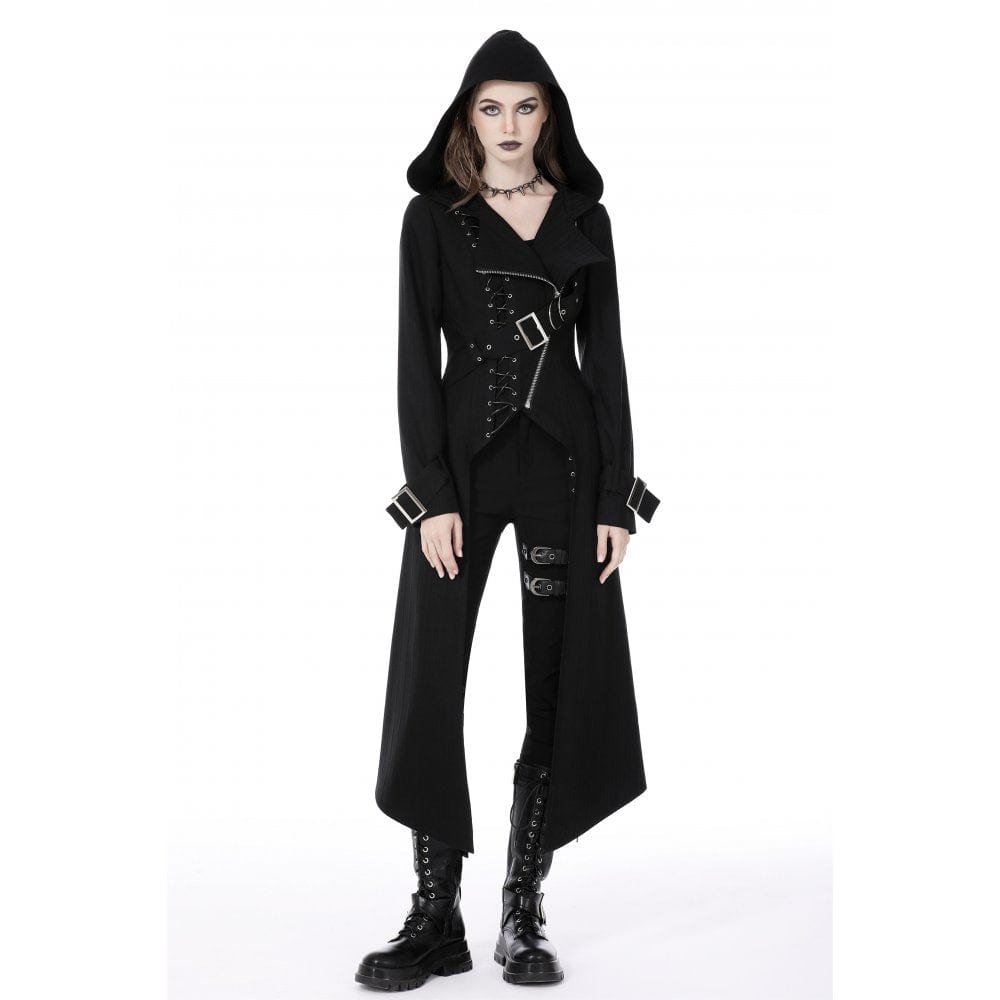 Darkinlove Women's Punk Asymmetrical Zipper Coat with Hood