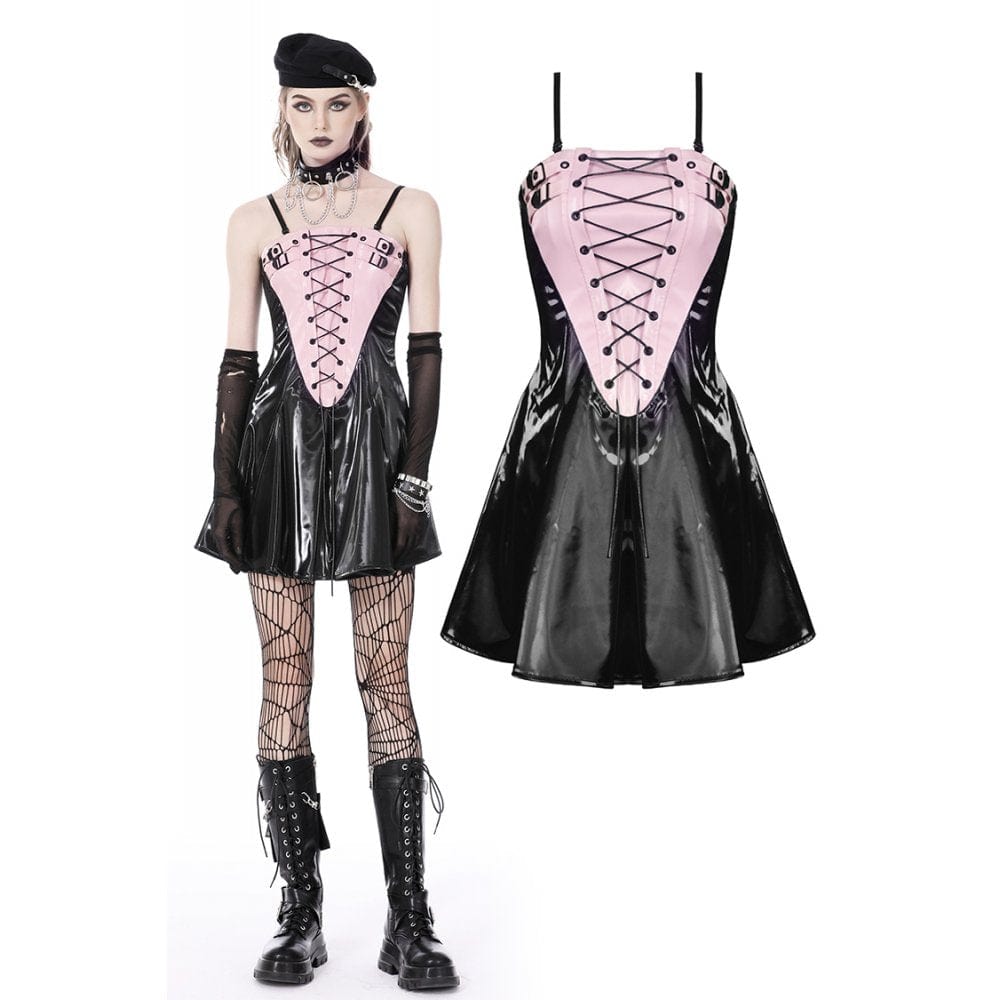 Darkinlove Women's Punk Contrast Color Patent Leather Slip Dress