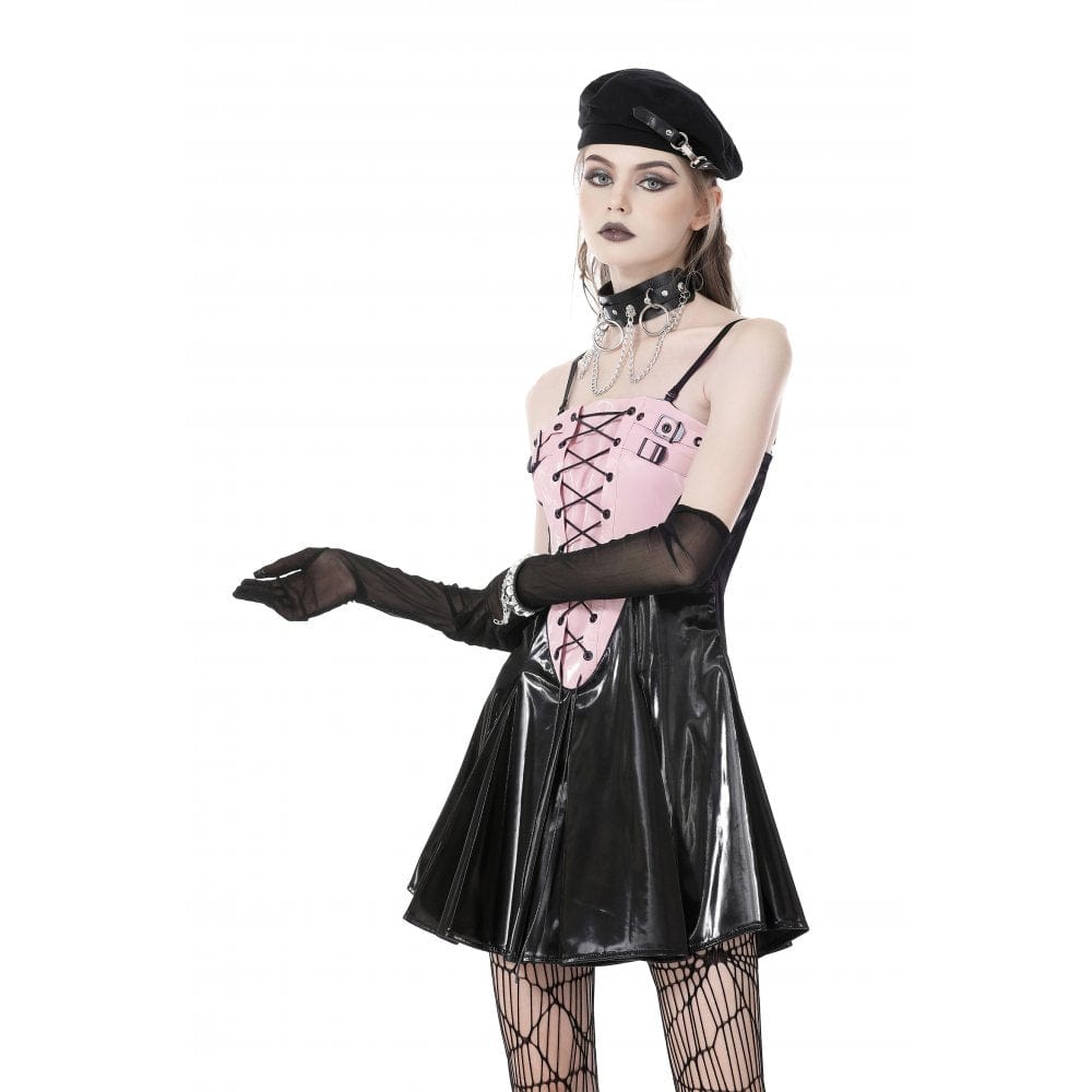 Darkinlove Women's Punk Contrast Color Patent Leather Slip Dress