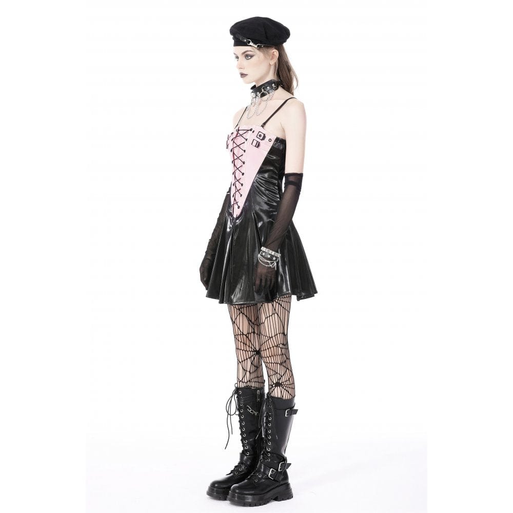 Darkinlove Women's Punk Contrast Color Patent Leather Slip Dress