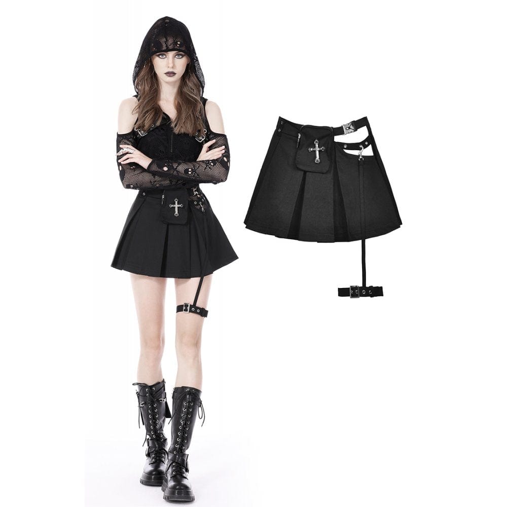 Darkinlove Women's Punk Cutout Buckle Pleated Skirt
