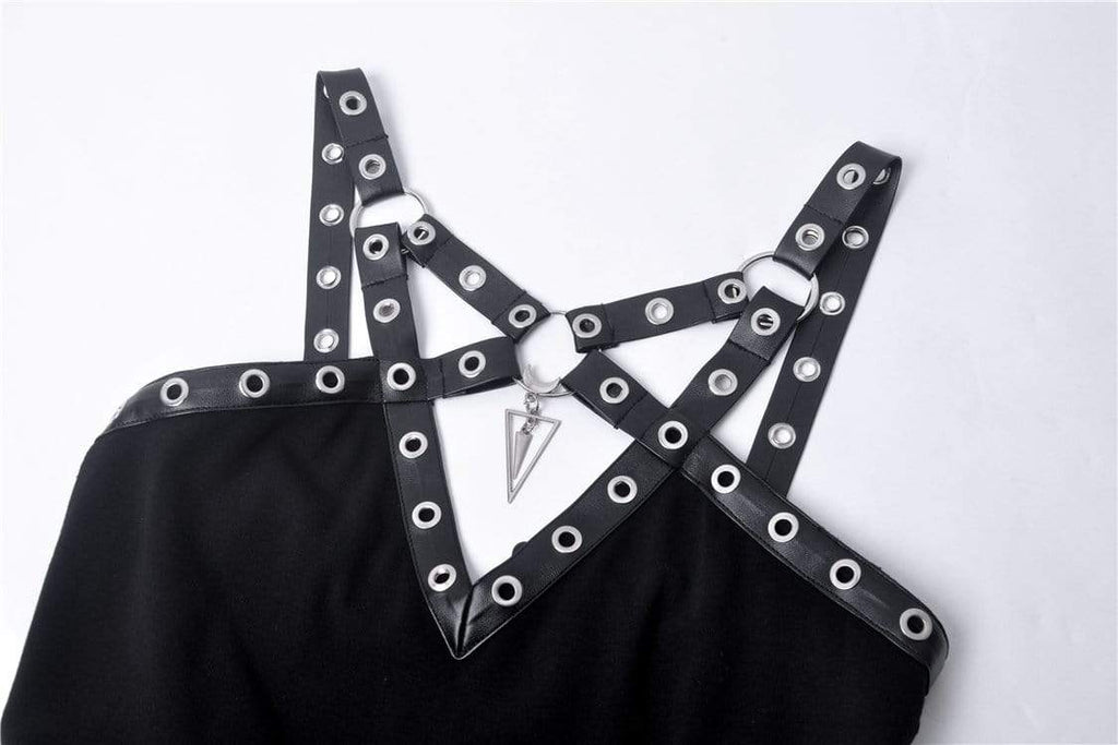 Darkinlove Women's Punk Faux Leather Straps Iregular Black Slip Dress